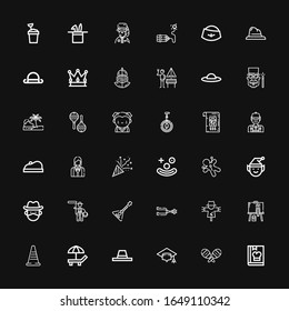 Editable 36 hat icons for web and mobile. Set of hat line icons including: Cook, Maracas, Mortarboard, Hat, Beach, Traffic cone, Painting, Scarecrow, Spur, Balalaika on black background
