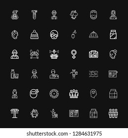 Editable 36 head icons for web and mobile. Set of head included icons line Team, Milk, Profile, Woman, Unicorn, Shower, Thinking, Stereoscope, Mask, Miss world on black background