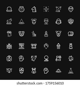 Editable 36 head icons for web and mobile. Set of head included icons line Hat, Mind, Rabbit, Indian, Fox, Unicorn, Talk, Cowboy, Kitty, Boxing helmet, Shower on black background
