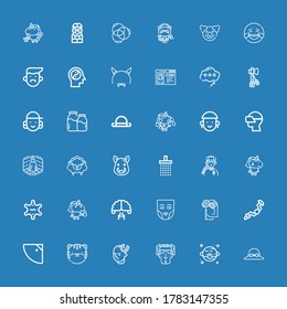 Editable 36 head icons for web and mobile. Set of head included icons line Hat, Venus, Woman, Mind, Tiger, Shower, Ratchet, Thinking, Mask, Brainstorming, Unicorn on blue background