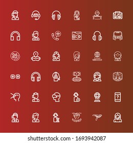 Iconos editables de 36 auriculares para web y móvil. Conjunto de auriculares incluidos iconos línea Call center, Saddle, Vr, Operator, Customer Service, Hologram, Vr anteojos, Virtual reality on red