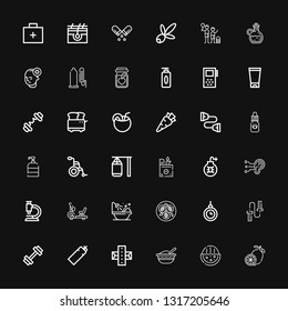 Editable 36 health icons for web and mobile. Set of health included icons line Lemon, Watermelon, Baby food, Gum, Bottle, Gym, Skipping rope, Hypnosis, Tofu on black background