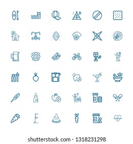 Editable 36 healthy icons for web and mobile. Set of healthy included icons line Heartbeat, Vitamins, Carrot, Watermelon, Gym station, Pill, Spa, Peach, Medicine on white background