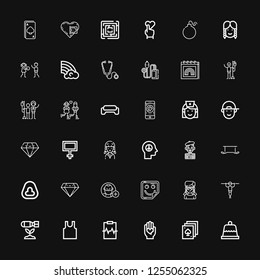 Editable 36 heart icons for web and mobile. Set of heart included icons line Dessert, Poker, Love, Cardiogram, Sleeveless, Bomb, Fitness, Girl, Sticker, Follow on black background