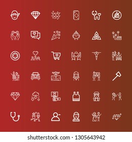 Editable 36 heart icons for web and mobile. Set of heart included icons line Diamond, Couple, Checker, Follower, Stethoscope, Human rights, Girl, Sleeveless, Peace, Charity on red