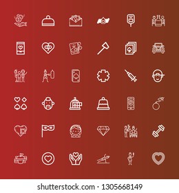 Editable 36 heart icons for web and mobile. Set of heart included icons line Heart, Nurse, Fitness, Love, Diet, Gym, Party, Diamond, Bride, Donation, Bomb, Charity, Dessert on red