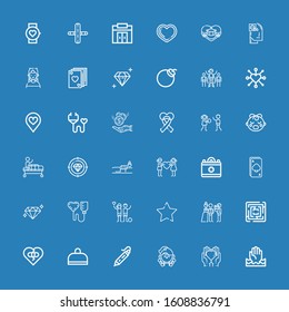 Editable 36 heart icons for web and mobile. Set of heart included icons line Help, Love, Fitness, d printing pen, Gym, Broken heart, Labyrinth, Newlyweds, Favourite on blue background