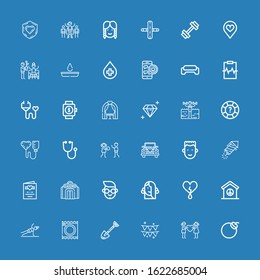 Editable 36 heart icons for web and mobile. Set of heart included icons line Bomb, Couple, Party, Spade, Condoms, Fitness, Peace, Heart, Girl, Boy, Casino, Wedding invitation on blue background