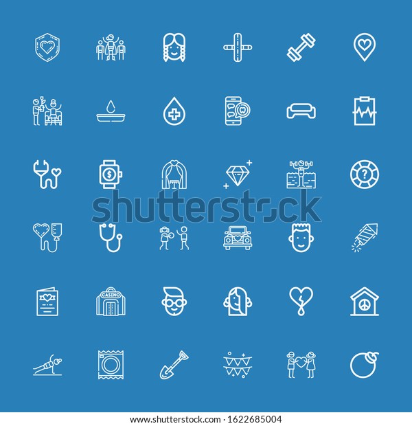 Editable 36 heart icons for web and mobile.\
Set of heart included icons line Bomb, Couple, Party, Spade,\
Condoms, Fitness, Peace, Heart, Girl, Boy, Casino, Wedding\
invitation on blue\
background