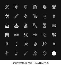Editable 36 heat icons for web and mobile. Set of heat included icons line Sun, Fire, Thermometer, Lullaby, Flame, Thermo, Volcano, Candles, Chimney, Grill on black background