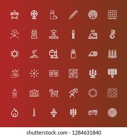 Editable 36 heat icons for web and mobile. Set of heat included icons line Barbecue, Firefighter, Candle, Torch, Fire, Hob, Sun, Grill, Bbq, Stove, Brightness, Candles on red