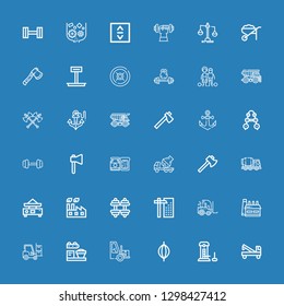 Editable 36 heavy icons for web and mobile. Set of heavy included icons line Crane, Strength, Punching bag, Forklift, Loader, Factory, Dumbbell, Balance, Concrete mixer on blue background