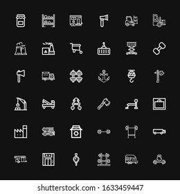 Editable 36 heavy icons for web and mobile. Set of heavy included icons line Weightlifting, Trailer, Dumbbell, Steelyard, Lift, Cargo truck, Bench press, Barbell on black background