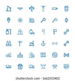 Editable 36 iconos pesados para web y móvil. Conjunto de iconos pesados incluidos línea Cruzado, Ejes, Levantamiento de pesas, Coche, Ensamblaje, Mezclador de hormigón, Grúa, Peso, Remolque sobre fondo blanco