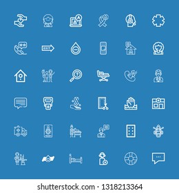 Editable 36 help icons for web and mobile. Set of help included icons line Chat, Lifesaver, Operator, Bed, Blood donation, Veterinarian, Lifeboat, Pills, Admin on blue background