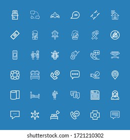 Editable 36 help icons for web and mobile. Set of help included icons line Chat, Veterinary, Emergency call, Bed, Question, Call center, Diskette, Veterinarian on blue background