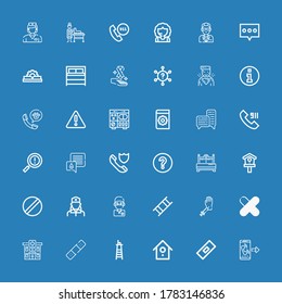Editable 36 iconos de ayuda para web y móvil. El conjunto de ayuda incluyó iconos línea Call, Bandage, Birdhouse, Lifeguard, Hospital, Parche, donación de sangre, Stretcher, Cirujano sobre fondo azul