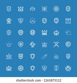 Editable 36 heraldic icons for web and mobile. Set of heraldic included icons line Crown, Shield, Iberia, Police badge, Lance, Eagle, Raven, Queen on blue background