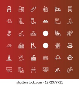 Editable 36 high icons for web and mobile. Set of high included icons line Shoes, Mountains, Monitor, Baby chair, Boots, Friendship, Lesson, Graduation cap, School, Skydiving on red