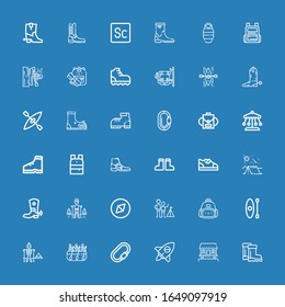 Editable 36 hiking icons for web and mobile. Set of hiking included icons line Boots, Cabin, Adventure, Carabiner, Rafting, Hiking, Kayak, Backpack, Camping on blue background