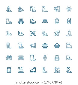 Editable 36 hiking icons for web and mobile. Set of hiking included icons line Boots, Hiking, Boot, Camp, Backpack, Sleeping bag, Cabin, Rafting, Ride, Adventure on white background