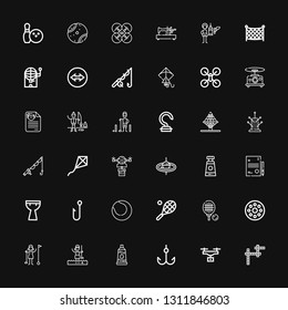 Editable 36 hobby icons for web and mobile. Set of hobby included icons line Crossword, Drone, Hook, Paint tube, Golfer, Bobbin, Tennis, Kettledrum, Resume on black background