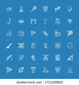 Bearbeitbar 36 Hobbysymbole für Web und Mobile. Hobby-Set inbegriffen Symbole Zeile Golf, Golfer, Kettledrum, Angeln, CV, Drohne, Tennis, Hook, Angelstab, Kite, Bowling auf blauem Hintergrund
