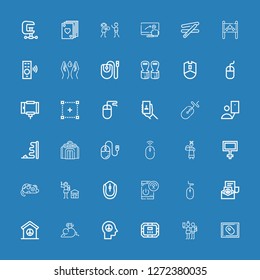 Editable 36 hold icons for web and mobile. Set of hold included icons line Mouse, Selfie, Poker table, Peace, Remote control, Human rights, Servant, Casino on blue background