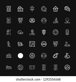 Editable 36 hole icons for web and mobile. Set of hole included icons line Donut, Sharpener, Cheese, Golf, Doughnut, Golfer, Keyhole, Birdhouse on black background