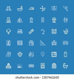 Editable 36 home icons for web and mobile. Set of home included icons line Bathtub, Bird cage, House, Wardrobe, Igloo, Television, Building, Clean window, Location on blue background