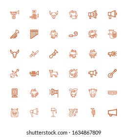 Editable 36 horn icons for web and mobile. Set of horn included icons line Megaphone, Trumpet, Jazz, Orchestra, Monster, Amplifier, Cow, Unicorn, Announcer on white background