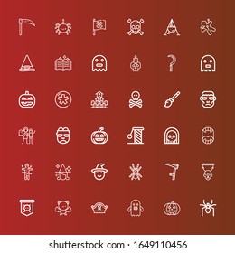 Editable 36 horror icons for web and mobile. Set of horror line icons including:Spider, Pumpkin, Ghost, Pirate hat, Bat, Jolly roger, Skull, Scythe, Tarantula, Witch, Voodoo on red