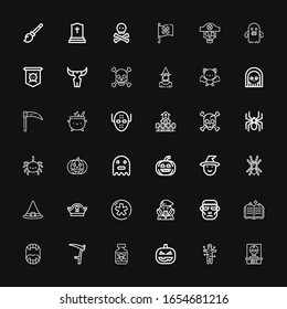 Editable 36 horror icons for web and mobile. Set of horror included icons line Skull, Voodoo, Pumpkin, Posion, Scythe, Fangs, Spellbook, Frankenstein, Dracula on black background
