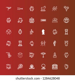 Editable 36 horse icons for web and mobile. Set of horse included icons line Unicorn, Carousel, Cowboy, Amusement park, Cryptozoology, Knight, Rattle, Lasso, Horse, Seahorse on red