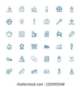 Editable 36 hot icons for web and mobile. Set of hot included icons line Burner, Pot, Beach, Burrito, Hot dog, Hot air balloon, Bikini, Matches, Coffee, Balloon on white background