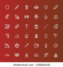 Editable 36 hot icons for web and mobile. Set of hot included icons line Fire, Barbecue, Beach, Waitress, Pretzel, Croquette, Sun, Coffee, Coffee maker, Thermometer, Rice on red