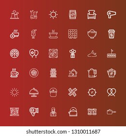 Editable 36 hot icons for web and mobile. Set of hot included icons line Pan, Coffee cup, Kettle, Waitress, Hairdryer, Fireplace, Pretzel, Summer, Bacon, Tray, Sun, Tea on red