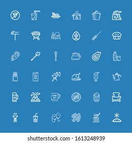 Editable 36 hot icons for web and mobile. Set of hot included icons line Beach, Pepper, Bacon, Balloons, Ice coffee, Bbq, Toaster, Rice, Junk food, Mug, Volcano on blue background