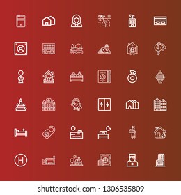 Editable 36 hotel icons for web and mobile. Set of hotel included icons line Shopping center, Bellboy, Safebox, House, Bus stop, Hotel, Servant, Bed, Swimming pool, Door hanger on red