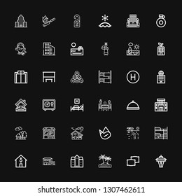 Editable 36 hotel icons for web and mobile. Set of hotel included icons line Space needle, Pillows, Island, Mansion, House, Bunk bed, Beach, Canteen, Bus stop on black background