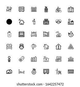 Editable 36 hotel icons for web and mobile. Set of hotel included icons line Key card, Room service, Safebox, Canteen, Bed, House, Building, Door hanger, Pool on white background