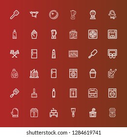 Editable 36 household icons for web and mobile. Set of household included icons line Waste, Sink, Spatula, Gloves, Glove, Washing machine, Machine, Wardrobe, Toothpaste on red
