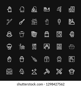 Editable 36 housework icons for web and mobile. Set of housework included icons line Bucket, Brush, Paint roller, Dust, Maid, Machine, Latex, Gloves, Broom on black background