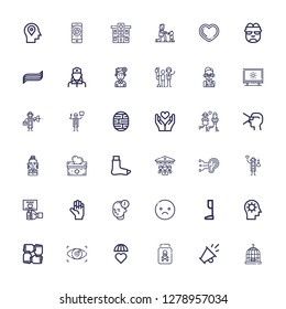 Editable 36 human icons for web and mobile. Set of human included icons line Cage, Promotion, Poison, Emotions, Vision, Teamwork, Mind, Prothesis, Sad, Hand on white background
