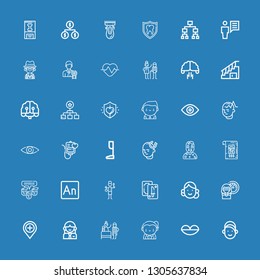 Editable 36 human icons for web and mobile. Set of human included icons line Girl, Lips, Teacher, Birth, Woman, Hospital, Avatar, Tarot, Staff, Animate, Team on blue background