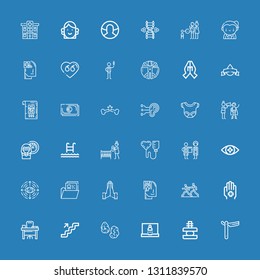 Editable 36 human icons for web and mobile. Set of human included icons line Straight, Force, Login, Runes, Stairs, Desk, Hand, Marathon, Memorize, Hands, Tooth on blue background