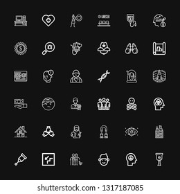 Editable 36 human icons for web and mobile. Set of human included icons line Leg, Peace, Man, Couple, Stairs, Crutch, Clerk, Eye, Headhunting, Doctor, Teamwork on black background