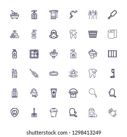 Editable 36 hygiene icons for web and mobile. Set of hygiene included icons line Gloves, Deodorant, Bucket, Toilet brush, Dental, Enema, Sun cream, Maid, Sunblock on white background