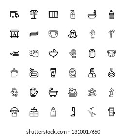 Editable 36 hygiene icons for web and mobile. Set of hygiene included icons line Towel, Dentist chair, Prothesis, Sauna, Sink, Bucket, Maid, Washbowl, Bathtub on white background