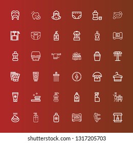 Editable 36 hygiene icons for web and mobile. Set of hygiene included icons line Well, Pads, Soap, Sun cream, Poo, Housekeeping, Cleaning spray, Shampoo, Toothbrush, Towel on red